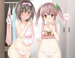  2girls ahoge al_bhed_eyes black_hair blush bow bow_panties bra brown_eyes brown_hair hairband idolmaster idolmaster_cinderella_girls imachi kohinata_miho lingerie long_hair midriff multiple_girls navel ogata_chieri panties pink_bra pink_hairband short_hair sidelocks spoken_blush spoken_exclamation_mark striped striped_panties tears twintails underwear underwear_only white_panties 