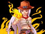  amatou3 black_background cosplay fire fujiwara_no_mokou grin hand_on_hip hat jewelry long_hair necklace one_piece portgas_d_ace portgas_d_ace_(cosplay) power_connection sarashi skull smile solo touhou 