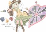  black_legwear blue_eyes blue_flower blue_rose bow character_name cross-laced_footwear dartboard flower green_hair hat hat_bow heart heart_of_string highres karua_m koishi_day komeiji_koishi one_eye_closed rose simple_background skirt smile solo third_eye touhou white_background 