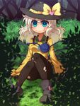  black_legwear blue_eyes blurry blush brown_legwear curly_hair depth_of_field dirty dirty_clothes empty_eyes eyeball grass hat komeiji_koishi leaf long_hair miruki pantyhose silver_hair sitting solo staring tareme third_eye torn_clothes torn_legwear touhou 