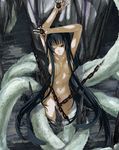  beatmania black_hair blood brown_eyes chain fingernails highres long_hair nude nyami solo tattoo water 