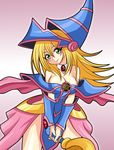  bare_shoulders blonde_hair blush_stickers breasts choker cleavage dark_magician_girl duel_monster gradient gradient_background green_eyes hat kageneko long_hair medium_breasts pentacle smile solo staff wizard_hat yuu-gi-ou yuu-gi-ou_duel_monsters 