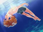  bad_id bad_pixiv_id barefoot blue_eyes brown_hair bubble feet full_body inazuma_eleven inazuma_eleven_(series) male_focus open_mouth shirtless swimming swimsuit tachimukai_yuuki underwater upside-down 