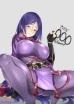  absurdres bangs black_gloves blush bodysuit breasts covered_navel curvy erect_nipples fate/grand_order fate_(series) fingerless_gloves followers gloves grey_background highres large_breasts loincloth long_hair low-tied_long_hair minamoto_no_raikou_(fate/grand_order) mr2d parted_bangs pelvic_curtain purple_bodysuit purple_eyes purple_hair ribbed_sleeves rope smile squatting swept_bangs tabard very_long_hair 