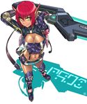  boots breasts cleavage cleavage_cutout copyright_name dark_skin energy_sword energy_weapon from_above full_body huge_weapon kurohiko large_breasts looking_up midriff navel neighbor_quartz phantasy_star phantasy_star_online_2 phantasy_star_online_font pointy_ears red_hair short_hair sidelocks simple_background smirk solo standing sue_(pso2) sword thigh_boots thighhighs weapon white_background yellow_eyes 