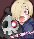  bags_under_eyes blonde_hair blush character_name crossover duskull gen_3_pokemon hair_over_one_eye hood hoodie idolmaster idolmaster_cinderella_girls laki look-alike open_mouth pokemon pokemon_(creature) red_eyes shirasaka_koume short_hair sleeves_past_wrists smile tongue tongue_out 