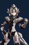  android arm_up bad_id bad_pixiv_id black_eyes blue_background clenched_hand expressionless flat_chest grey_hair hand_on_hip hat phantasy_star phantasy_star_online_2 pink47 pose robot_ears robot_joints solo standing 