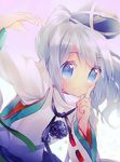  blue_eyes finger_to_mouth gradient gradient_background hat japanese_clothes leaning_forward looking_at_viewer mononobe_no_futo namie-kun petals purple_background short_hair silver_hair smile solo tate_eboshi touhou upper_body white_background wide_sleeves 