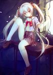  aruciii bad_id bad_pixiv_id brown_eyes collar hair_ribbon highres holding leash long_hair navel original petals ribbon school_uniform silver_hair sitting skirt socks solo table twintails wind 