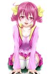  blush bow eyelashes highres hoshizora_miyuki kneeling open_mouth pink_eyes pink_hair pink_vest precure short_hair smile smile_precure! solo thighhighs vest yukke_(fh) 