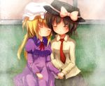  blonde_hair brown_hair closed_eyes dress hat maribel_hearn multiple_girls necktie raira skirt touhou usami_renko 