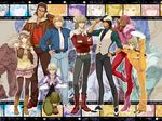  6+boys antonio_lopez barnaby_brooks_jr blonde_hair blue_eyes boots brown_eyes brown_hair brown_legwear bruce_lee's_jumpsuit cabbie_hat dark_skin dress earrings glasses green_eyes hat high_kick highres huang_baoling ivan_karelin jacket jewelry kaburagi_t_kotetsu karina_lyle keith_goodman kicking lipstick makeup morisato_yuuji multiple_boys multiple_girls nathan_seymour pink_eyes pink_hair pose purple_eyes short_hair thighhighs tiger_&amp;_bunny vest waistcoat 