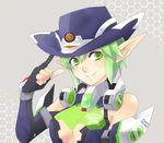  arm_up artist_request bare_shoulders breasts cleavage_cutout cowboy_hat detached_sleeves fingerless_gloves gloves green_eyes green_hair grey_background hand_on_headwear hat honeycomb_(pattern) honeycomb_background long_pointy_ears medium_breasts phantasy_star phantasy_star_online_2 pointing pointy_ears short_hair sidelocks simple_background smile solo thousand_rim upper_body 