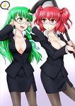  bespectacled breasts cleavage eighth_note formal frog frog_hair_ornament glasses gradient gradient_background green_hair hair_bobbles hair_ornament jacket kochiya_sanae large_breasts multiple_girls musical_note no_bra office_lady onozuka_komachi open_mouth pantyhose pencil_skirt red_eyes red_hair scythe simple_background skirt skirt_suit snake speech_bubble spoken_musical_note suit touhou two_side_up urokozuki yellow_eyes 