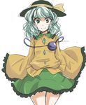  bad_id bad_pixiv_id black_hat blush_stickers cowboy_shot eyebrows_visible_through_hair frilled_shirt frilled_shirt_collar frilled_skirt frilled_sleeves frills green_skirt hat hat_ribbon highres inuwi_(yokose_y) komeiji_koishi long_sleeves looking_at_viewer ribbon shirt simple_background sketch skirt sleeves_past_wrists smile solo touhou white_background wide_sleeves wing_collar yellow_ribbon yellow_shirt 