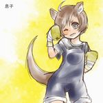  ahoge bad_id bad_pixiv_id boxing_gloves brown_hair child grey_eyes junior_(namatamemisa) kangaroo kangaroo_ears kangaroo_tail one_eye_closed overalls personification roger_jr. tekken 