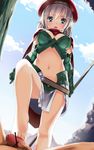  1girl akagi_asahito alleyne_(queen's_blade) armor bad_id bad_pixiv_id bare_legs barefoot beret blue_eyes blush breasts censored day elbow_gloves elf footjob from_below gloves hat hetero large_breasts long_hair midriff navel open_mouth penis pointy_ears polearm queen's_blade solo_focus testicles weapon 