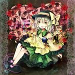  ankle_boots arm_up bad_id bad_pixiv_id blouse boots bow checkered checkered_background eyeball flower frills gradient_hair green_eyes grey_background hat hat_ribbon heart heart_of_string jaku_sono key komeiji_koishi lace lock long_sleeves looking_at_viewer multicolored_hair no_socks open_hand open_mouth red_flower red_rose ribbon rose short_hair sitting skirt smile solo third_eye thorns touhou wide_sleeves 