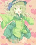  blue_flower blue_rose bow flower green_eyes green_hair hat hat_bow heart komeiji_koishi legomaru open_mouth outstretched_arms rose skirt solo spread_arms touhou 