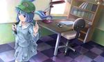  backpack bad_id bad_pixiv_id bag chair checkered checkered_floor clothes_writing computer contemporary desk eno_(whiskeyne) hair_bobbles hair_ornament hand_up kawashiro_nitori left-handed shelf solo touhou two_side_up 