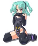  aqua_hair bad_id bad_pixiv_id black_legwear blush busou_shinki dd_(ijigendd) doll_joints elbow_gloves gloves hairband long_hair looking_at_viewer purple_eyes raptias simple_background sitting smile solo thighhighs twintails wariza white_background 