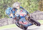  blue_eyes braid gloves ground_vehicle izayoi_sakuya jacket knee_pads maid_headdress motor_vehicle motorcycle riding road rpracing short_hair solo touhou traditional_media wheelie white_hair 