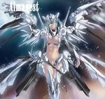  bad_id bad_pixiv_id beatmania breasts center_opening cleavage green_eyes highres huge_weapon looking_at_viewer mechanical_wings medium_breasts nyami revealing_clothes solo standing weapon wings 