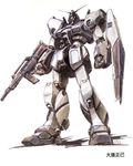  gundam gundam_0080 gundam_alex mecha no_humans official_art oobari_masami rifle signature simple_background weapon white_background 