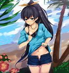  black_hair blue_eyes blush breasts cleavage denim denim_shorts earrings gaku_daichi ganaha_hibiki hair_ribbon hoop_earrings idolmaster idolmaster_(classic) jewelry long_hair medium_breasts navel necklace off_shoulder ponytail ribbon shorts solo undressing very_long_hair 