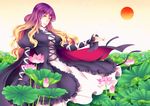  blonde_hair breasts dress flower gradient_hair highres hijiri_byakuren large_breasts light_smile lips long_hair lotus mitani_kitsune multicolored_hair purple_hair red_sun ribbon solo touhou yellow_eyes 