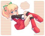  bad_id bad_pixiv_id blonde_hair blue_eyes blush boots frown full_body knee_boots long_hair mizuno_mumomo no_nose ponytail red_skirt rockman rockman_(classic) roll skirt solo striped striped_background 