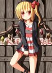  alternate_costume blonde_hair blush bow casual contemporary dress flandre_scarlet hair_bow hood hooded_jacket jacket ominaeshi_(takenoko) open_clothes open_jacket red_eyes side_ponytail solo striped striped_dress touhou wings 