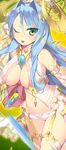  alternate_eye_color alternate_hair_color amakusa_shirou_(sengoku_collection) between_breasts blue_hair blush breasts cleavage earrings front-tie_top green_eyes hair_ornament jewelry kashiwamochi_yomogi large_breasts long_hair looking_at_viewer navel one_eye_closed panties sengoku_collection solo thigh_gap tongue underwear white_panties 