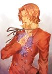  bad_id bad_pixiv_id blue_eyes brown_hair command_spell facial_hair fate/zero fate_(series) flower formal goatee hand_on_own_chest highres kizemoto male_focus purple_flower purple_rose rose solo suit toosaka_tokiomi 