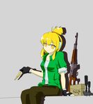  absurdres blonde_hair bullet ear_protection fingerless_gloves gloves gun highres iris_(material_sniper) jacket material_sniper open_clothes open_jacket pants rifle scan scan_artifacts scope scrunchie short_ponytail sidelocks sitting sleeves_rolled_up sniper_rifle type38arisaka weapon yellow_eyes 
