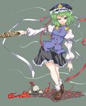  bad_id bad_pixiv_id flower green_eyes green_hair hat inuwi_(yokose_y) outstretched_arm rod_of_remorse shiki_eiki shirt skirt skull solo spider_lily touhou 