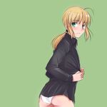  ahoge artoria_pendragon_(all) ass blonde_hair blush dress_shirt fate/zero fate_(series) from_behind green_background green_eyes long_hair looking_back panties ponytail saber shirt simple_background solo tusia underwear undressing white_panties 