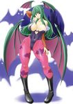  animal_print areola_slip areolae bare_shoulders bat_print bat_wings blue_eyes blush boots breasts bridal_gauntlets cameltoe covered_nipples demon_girl elbow_gloves gloves green_hair head_wings highres knee_boots large_breasts leotard lips long_hair morrigan_aensland pantyhose pose print_legwear purple_wings ryoushun solo succubus thick_thighs thighs vampire_(game) wings 