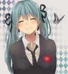  aqua_hair argyle argyle_background boutonniere bug butterfly flower formal grin hair_ribbon hatsune_miku insect long_hair pocky1202 ribbon saihate_(vocaloid) smile solo suit twintails vocaloid 