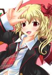  alternate_costume armband blush bow collarbone contemporary dress_shirt fangs flandre_scarlet hair_bow highres navel neats necktie open_mouth plaid plaid_neckwear red_eyes red_neckwear school_uniform shirt side_ponytail smile solo touhou upper_body v wings 