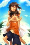  ^_^ bad_id bad_pixiv_id black_hair brown_eyes brown_hair closed_eyes dress emiya_kiritsugu fate/zero fate_(series) koko_(oyasuminasai) navel one_eye_closed open_mouth shirley_(fate/zero) short_hair shorts 