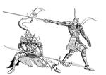  armor dark_souls demon's_souls dragon_slayer_ornstein greyscale helmet lowres menaslg monochrome multiple_boys penetrator polearm souls_(from_software) spear sword weapon 