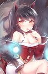  ahri animal_ears bad_id bad_pixiv_id bare_shoulders black_hair blood breasts cleavage detached_sleeves fang fox_ears fox_tail korean_clothes league_of_legends long_hair looking_at_viewer medium_breasts multiple_tails orange_eyes red_eyes solo tail yuran 