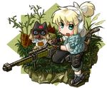  bad_id bad_pixiv_id binoculars blonde_hair boned_meat bow_(weapon) crossbow crossover ear_protection fingerless_gloves food gloves green_eyes gun iris_(material_sniper) material_sniper meat monster_hunter monster_hunter_portable_3rd reflection reloading rifle scope short_ponytail shorts sleeveless sleeves_rolled_up sniper_rifle sweatdrop toriny weapon 
