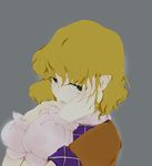  arm_warmers blonde_hair green_eyes grey_background hand_on_own_face hands jitome mimimimimipom mizuhashi_parsee pointy_ears sad short_hair simple_background solo touhou 