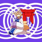  aburaage animal_ears blonde_hair dearmybrothers food fox_tail hands_together highres looking_at_viewer mouth_hold multiple_tails own_hands_together short_hair sitting solo tail torii touhou wariza yakumo_ran yellow_eyes 