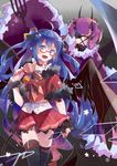  ahoge black_legwear blue_hair candy food fork glasses hika_(ozeluk) horns lollipop long_hair multiple_girls open_mouth pixiv_fantasia pixiv_fantasia_sword_regalia purple_hair skirt thighhighs twintails 