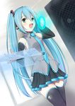  aqua_eyes aqua_hair bad_id bad_pixiv_id detached_sleeves hatsune_miku highres holographic_interface holographic_keyboard long_hair necktie open_mouth skirt solo taiyaki_(astre) thighhighs twintails very_long_hair vocaloid zettai_ryouiki 