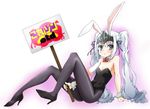  animal_ears arm_support bow bunny_ears bunnysuit detached_collar eucliwood_hellscythe flat_chest hair_ribbon high_heels highres holding holding_sign koge-owl kore_wa_zombie_desu_ka? long_hair pantyhose placard purple_eyes ribbon shoes sign silver_hair sitting solo twintails visor_(armor) wrist_cuffs 