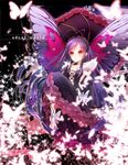  218 accel_world antenna_hair bare_shoulders black_hair bug butterfly butterfly_wings copyright_name elbow_gloves gloves hairband insect kuroyukihime long_hair solo umbrella wings 